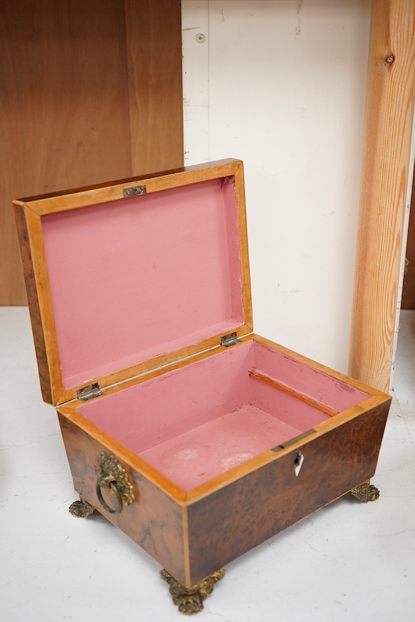 A Regency inlaid burr yew sarcophagus work box, 22cm
